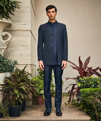Navy blue krit indo western chikankari jacket set 1