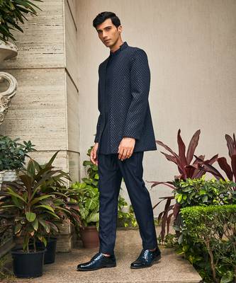 Navy blue krit indo western chikankari jacket set 2