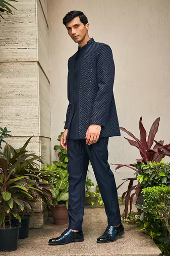 Navy blue krit indo western chikankari jacket set