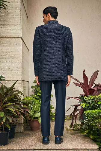 Navy blue krit indo western chikankari jacket set