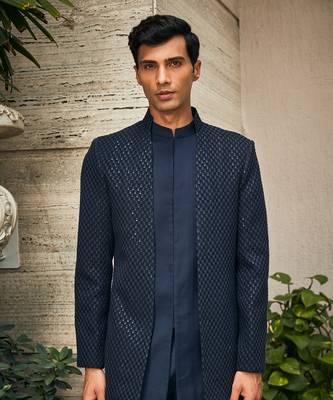 Navy blue krit indo western chikankari jacket set 4