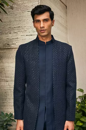 Navy blue krit indo western chikankari jacket set
