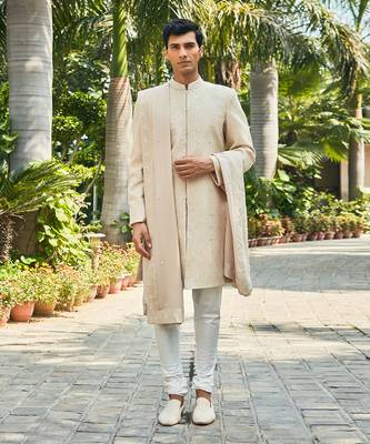 Beige hirav chikankari sherwani set 1