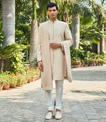 Beige hirav chikankari sherwani set