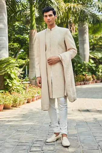 Beige hirav chikankari sherwani set