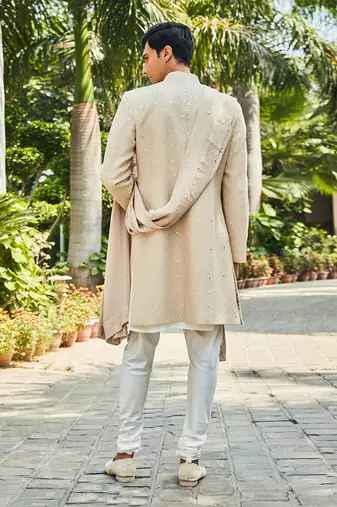 Beige hirav chikankari sherwani set