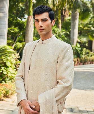 Beige hirav chikankari sherwani set 4
