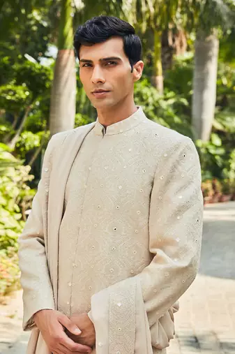 Beige hirav chikankari sherwani set