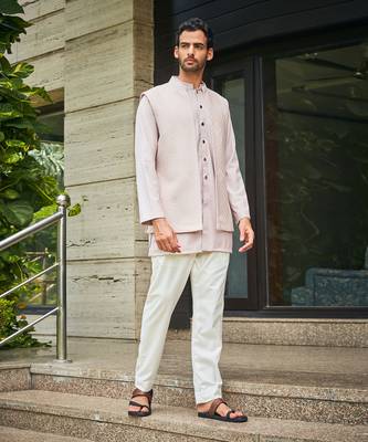 Dusty rose vatsa chikankari open nehru jacket set 1