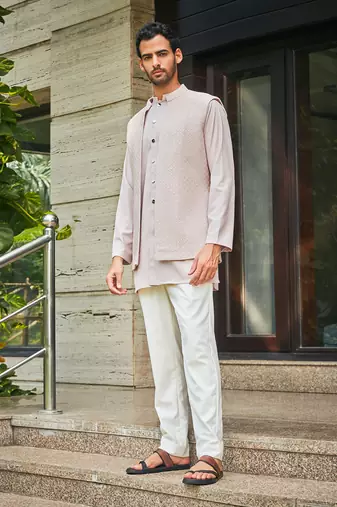 Dusty rose vatsa chikankari open nehru jacket set