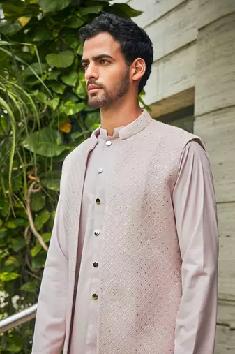 Dusty rose vatsa chikankari open nehru jacket set