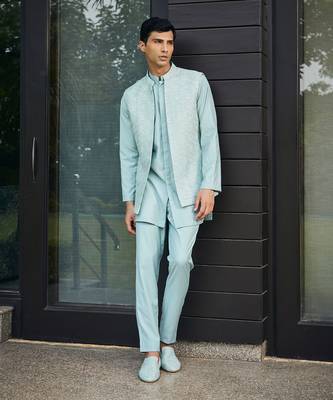 Mint green bel chikankari open nehru jacket set 1