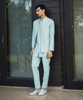 Mint green bel chikankari open nehru jacket set 2