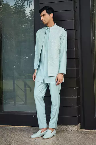 Mint green bel chikankari open nehru jacket set