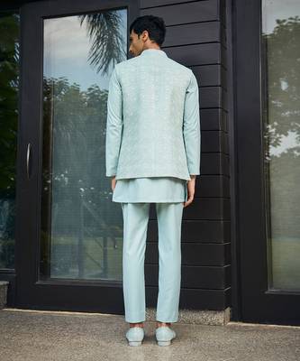 Mint green bel chikankari open nehru jacket set 3