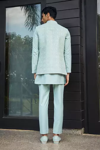Mint green bel chikankari open nehru jacket set