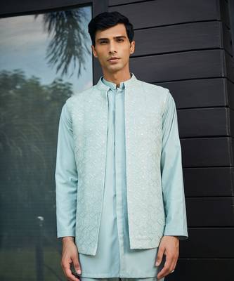 Mint green bel chikankari open nehru jacket set 4
