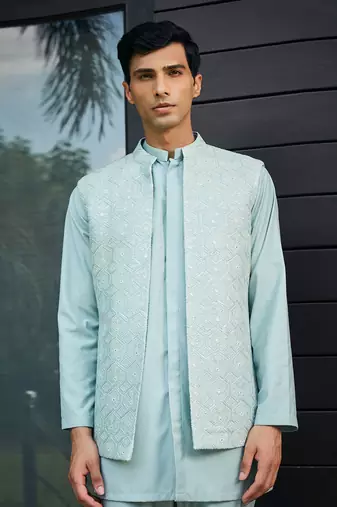 Mint green bel chikankari open nehru jacket set