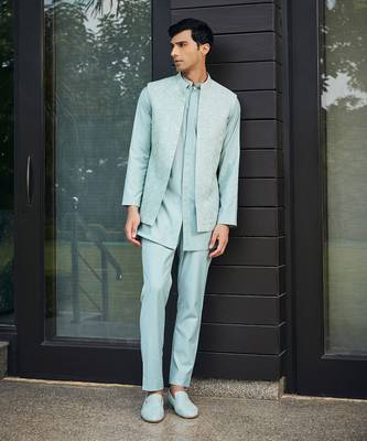 Mint green bel chikankari open nehru jacket set 5