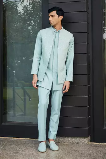 Mint green bel chikankari open nehru jacket set