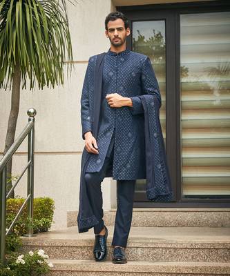 Navy blue anvit chikankari embroidery sherwani set 1