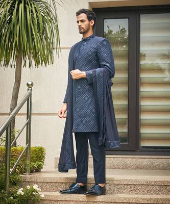 Navy blue anvit chikankari embroidery sherwani set 2