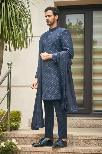 Navy blue anvit chikankari embroidery sherwani set