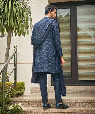 Navy blue anvit chikankari embroidery sherwani set 3