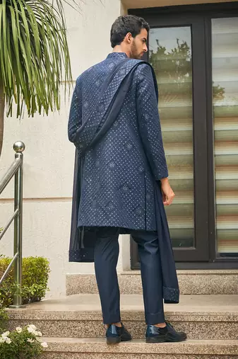 Navy blue anvit chikankari embroidery sherwani set