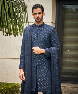 Navy blue anvit chikankari embroidery sherwani set 4