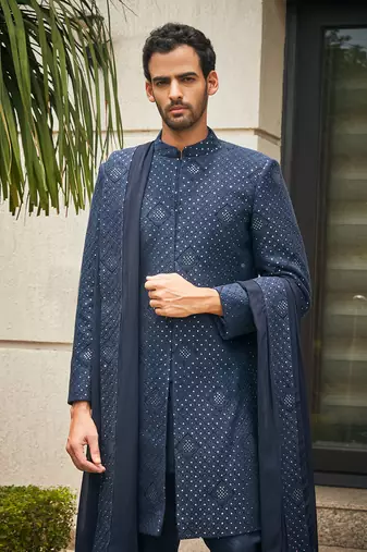 Navy blue anvit chikankari embroidery sherwani set