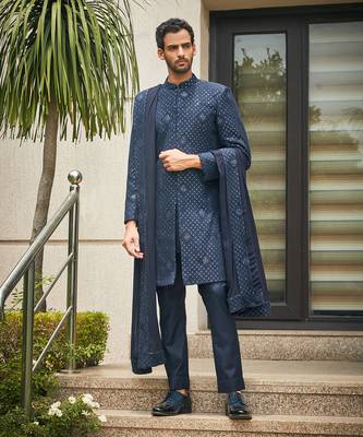 Navy blue anvit chikankari embroidery sherwani set 5