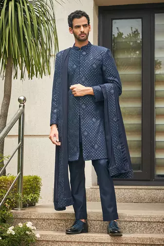 Navy blue anvit chikankari embroidery sherwani set