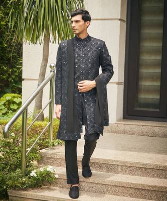 Black varnit chikankari embroidery sherwani set 1