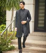 Black varnit chikankari embroidery sherwani set