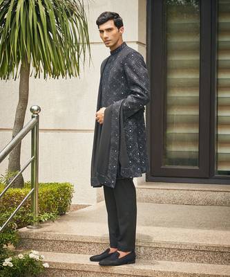 Black varnit chikankari embroidery sherwani set 2