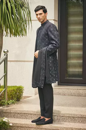 Black varnit chikankari embroidery sherwani set