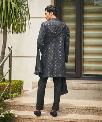 Black varnit chikankari embroidery sherwani set 3