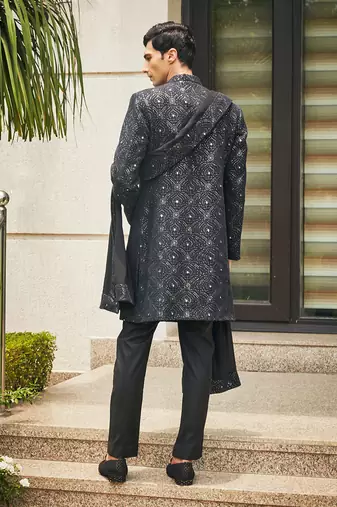 Black varnit chikankari embroidery sherwani set