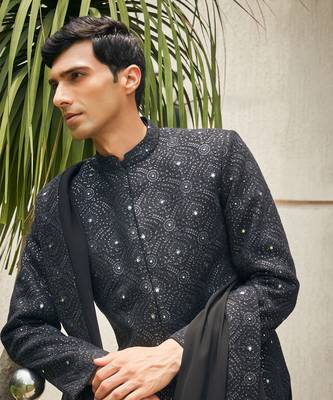 Black varnit chikankari embroidery sherwani set 4