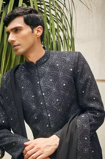 Black varnit chikankari embroidery sherwani set