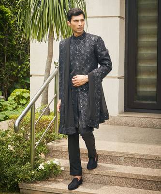 Black varnit chikankari embroidery sherwani set 5