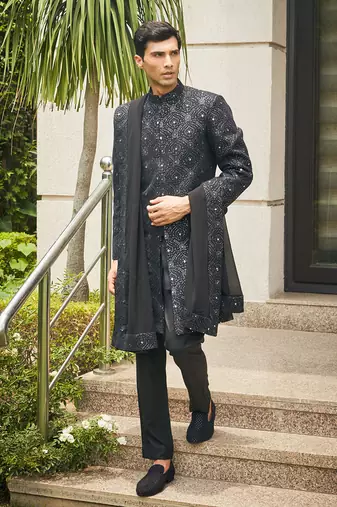Black varnit chikankari embroidery sherwani set