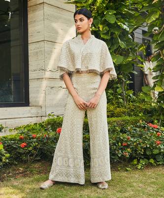 Light grey ila chikankari & mirror work cape with flared pants 1