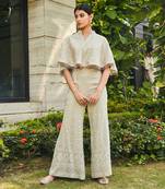 Light grey ila chikankari & mirror work cape with flared pants