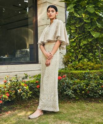 Light grey ila chikankari & mirror work cape with flared pants 2