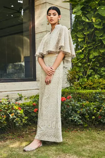 Light grey ila chikankari & mirror work cape with flared pants