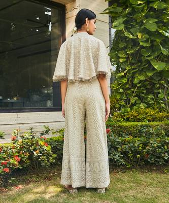 Light grey ila chikankari & mirror work cape with flared pants 3