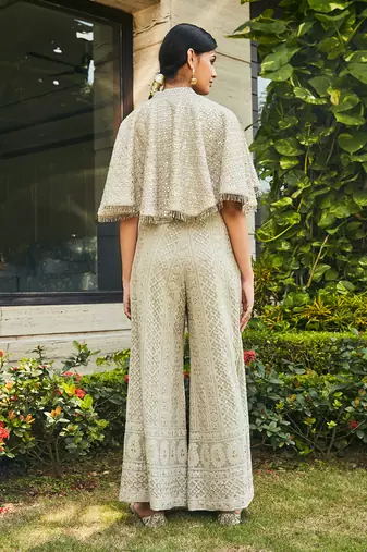 Light grey ila chikankari & mirror work cape with flared pants
