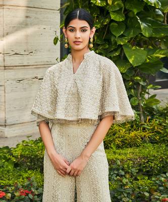 Light grey ila chikankari & mirror work cape with flared pants 4
